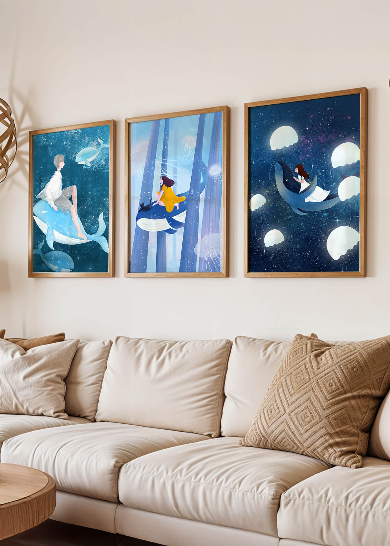 Ensemble d'illustrations de baleines volantes et de figures humaines dans un environnement cosmique