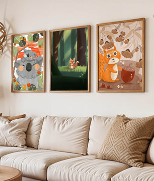 Triptyque d’Animaux de la Forêt en Style Enfantin