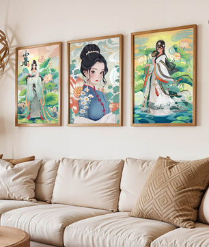 Serie De Arte Chino Con Mujeres Tradicionales En Impresión De Alta Calidad
