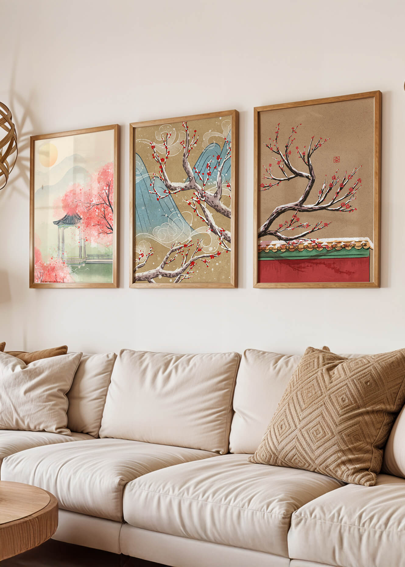 Ensemble de toiles orientales avec fleurs de cerisier