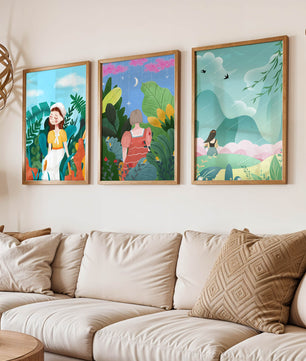 Ensemble de trois œuvres d'art colorées avec des paysages naturels et des figures humaines