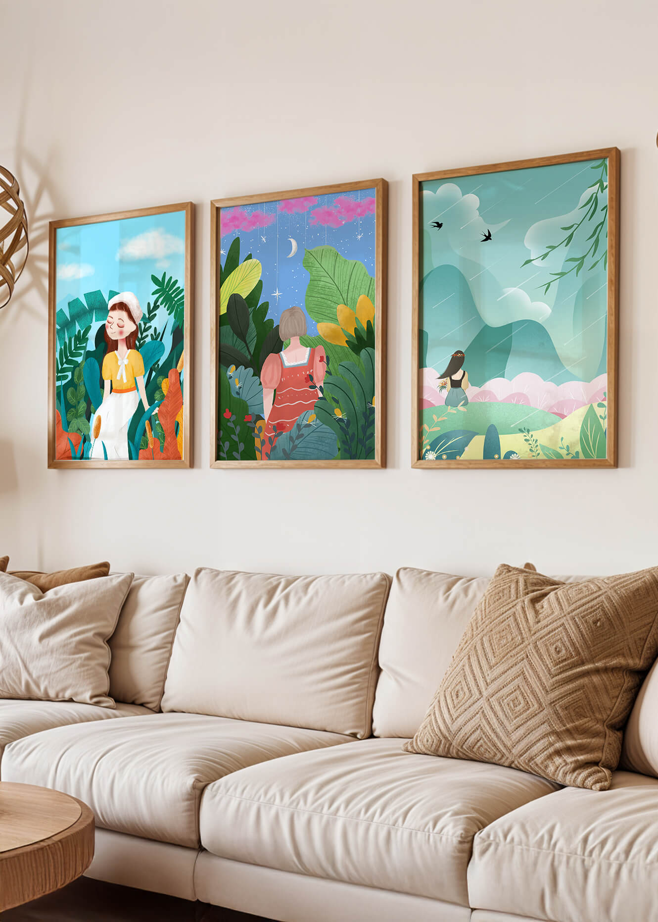 Conjunto De Tres Obras De Arte Coloridas Con Paisajes Naturales Y Figuras Humanas