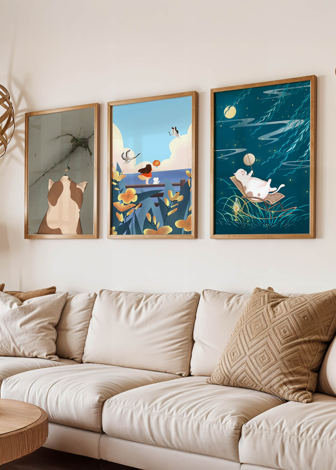 Tríptico de Arte con Animales y Paisajes Ilustrados