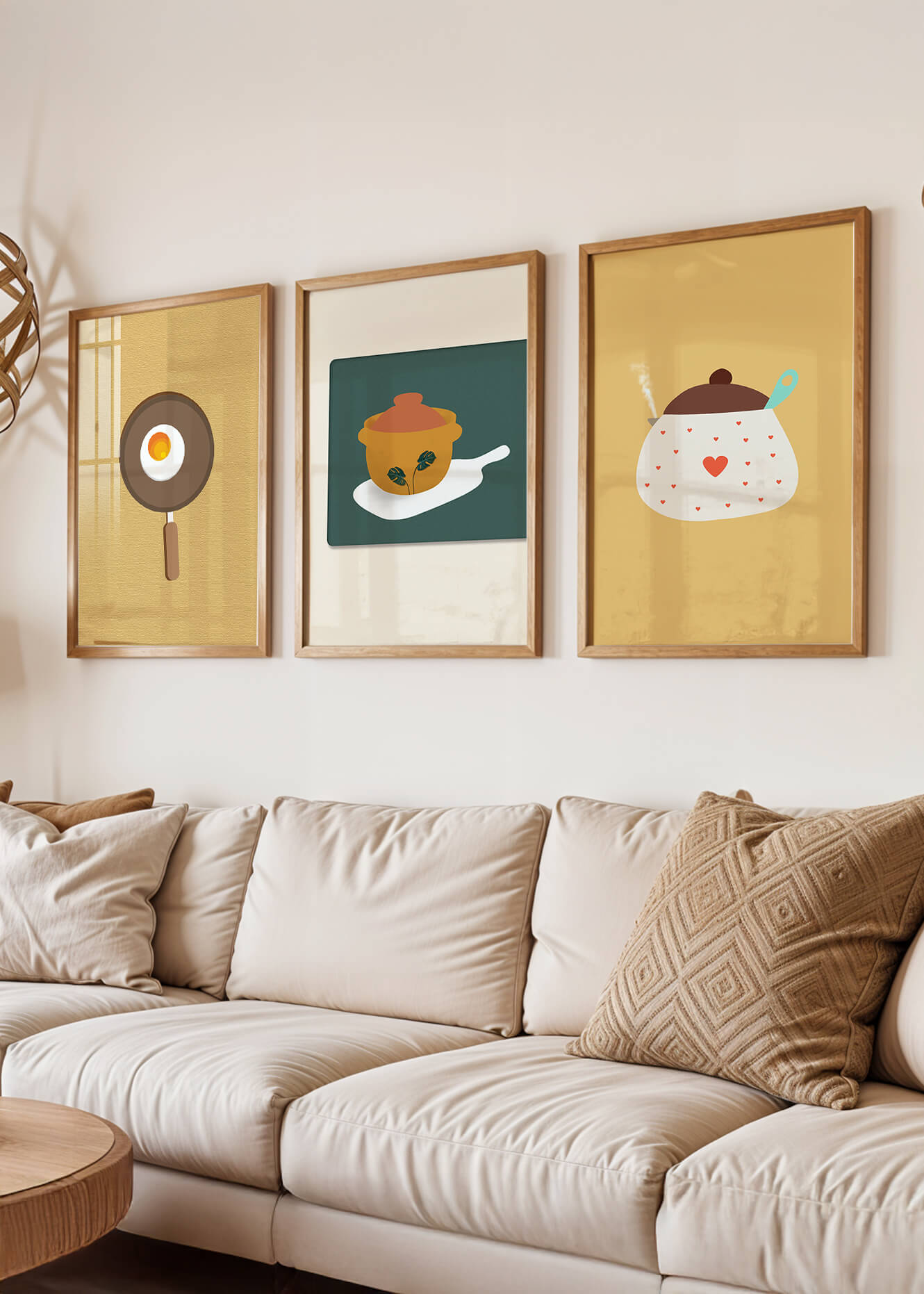 Trio de tableaux de cuisine aux motifs minimalistes et modernes