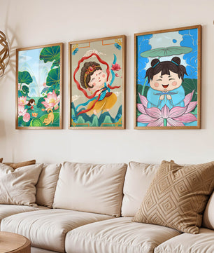 Ensemble d’illustrations de personnages adorables et de motifs floraux dans des tons vibrants