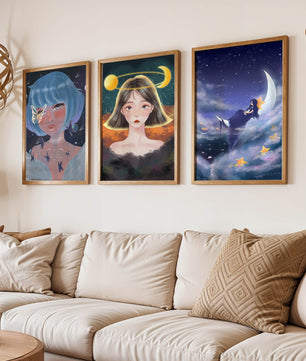 Tríptico De Retratos Ilustrados Con Elementos Astrales