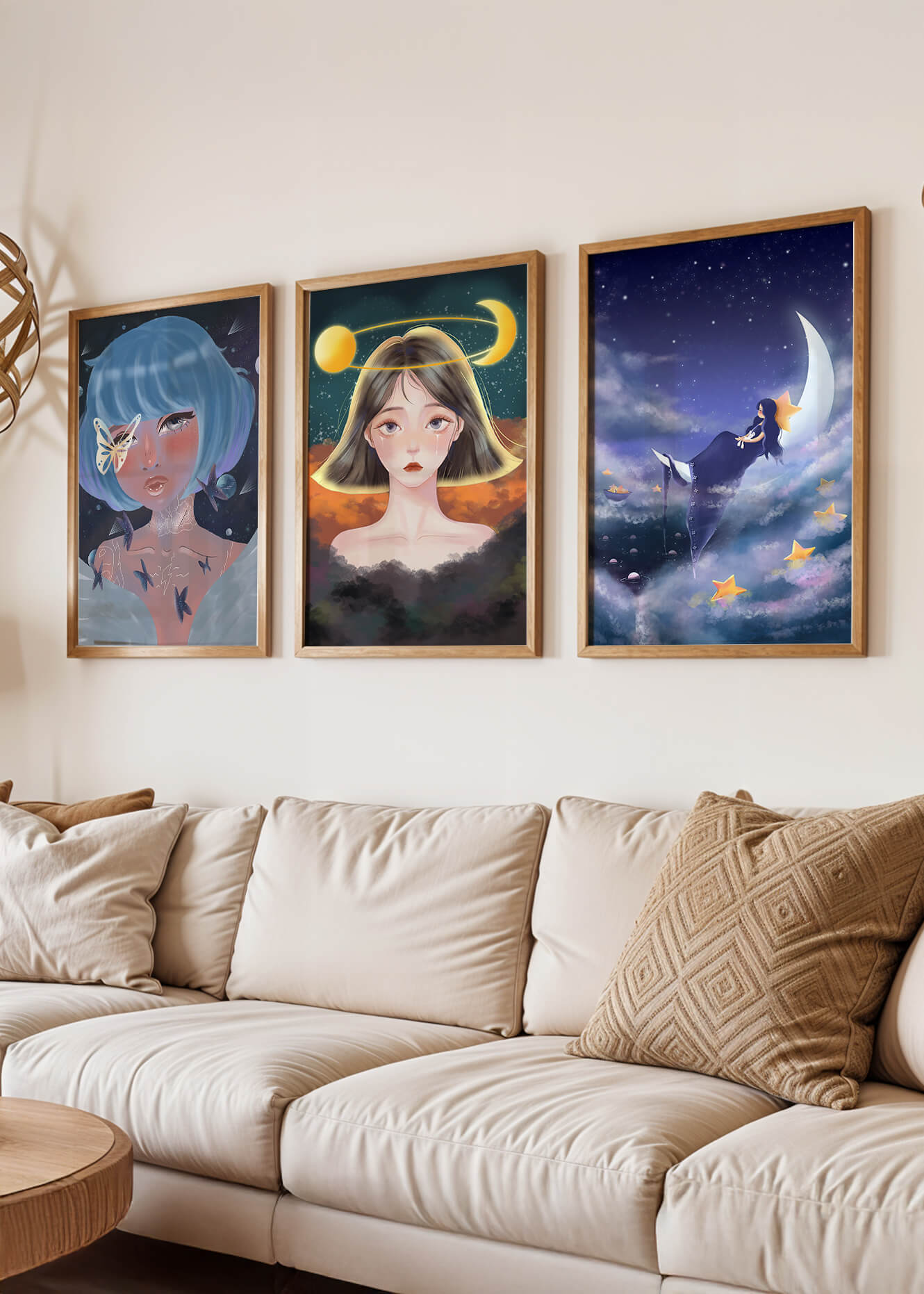 Tríptico De Retratos Ilustrados Con Elementos Astrales