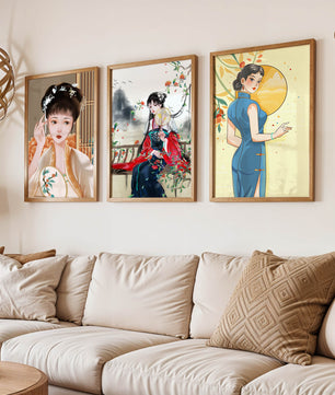 Art numérique avec motifs asiatiques et illustrations de femmes