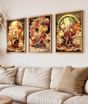 Ensemble d’illustrations sur le thème des dragons et des animaux aux couleurs chaudes