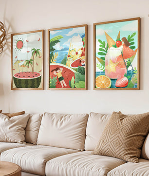 Ensemble d'illustrations estivales avec des fruits et des scènes tropicales