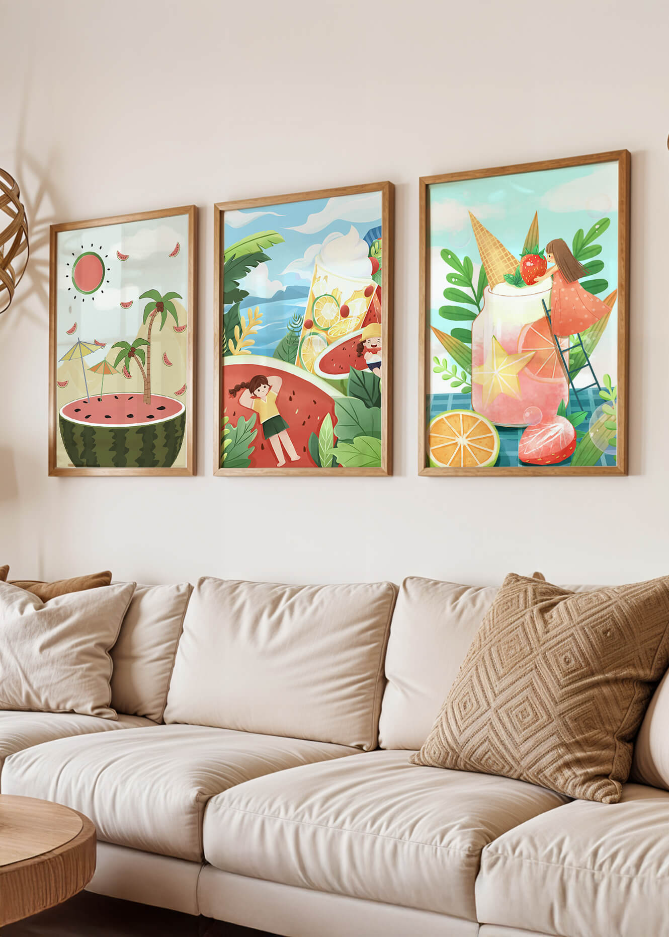 Conjunto de Ilustraciones Veraniegas con Frutas y Escenas Tropicales