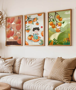 Illustrations de fruits avec des filles sur un fond en bois