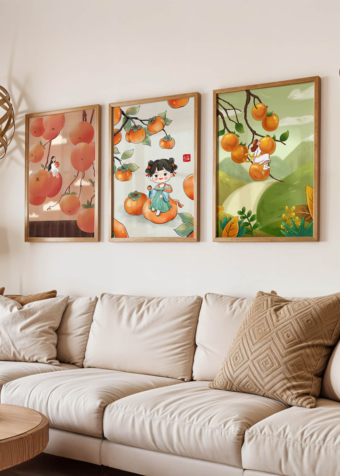 Illustrations de fruits avec des filles sur un fond en bois