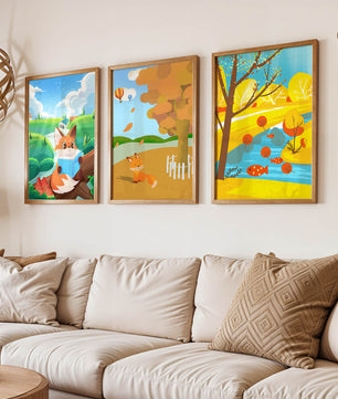 Ensemble d’illustrations de renards dans des paysages naturels