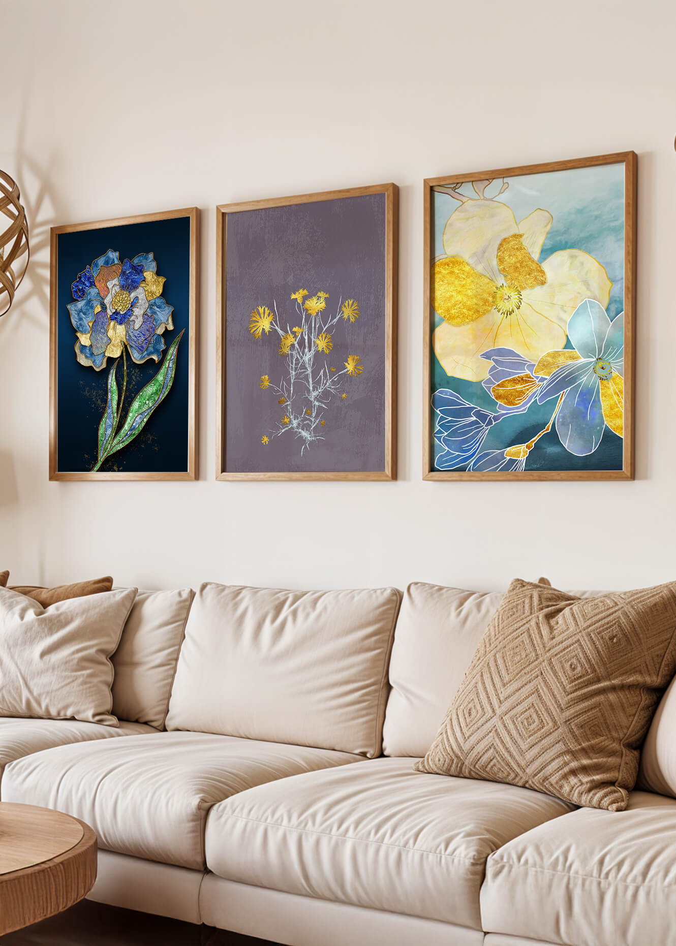 Art floral moderne avec des motifs de fleurs et des éléments dorés