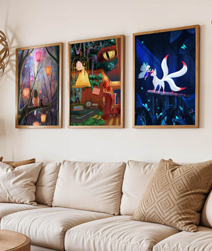 Triptyque d’art fantastique avec des illustrations colorées et oniriques