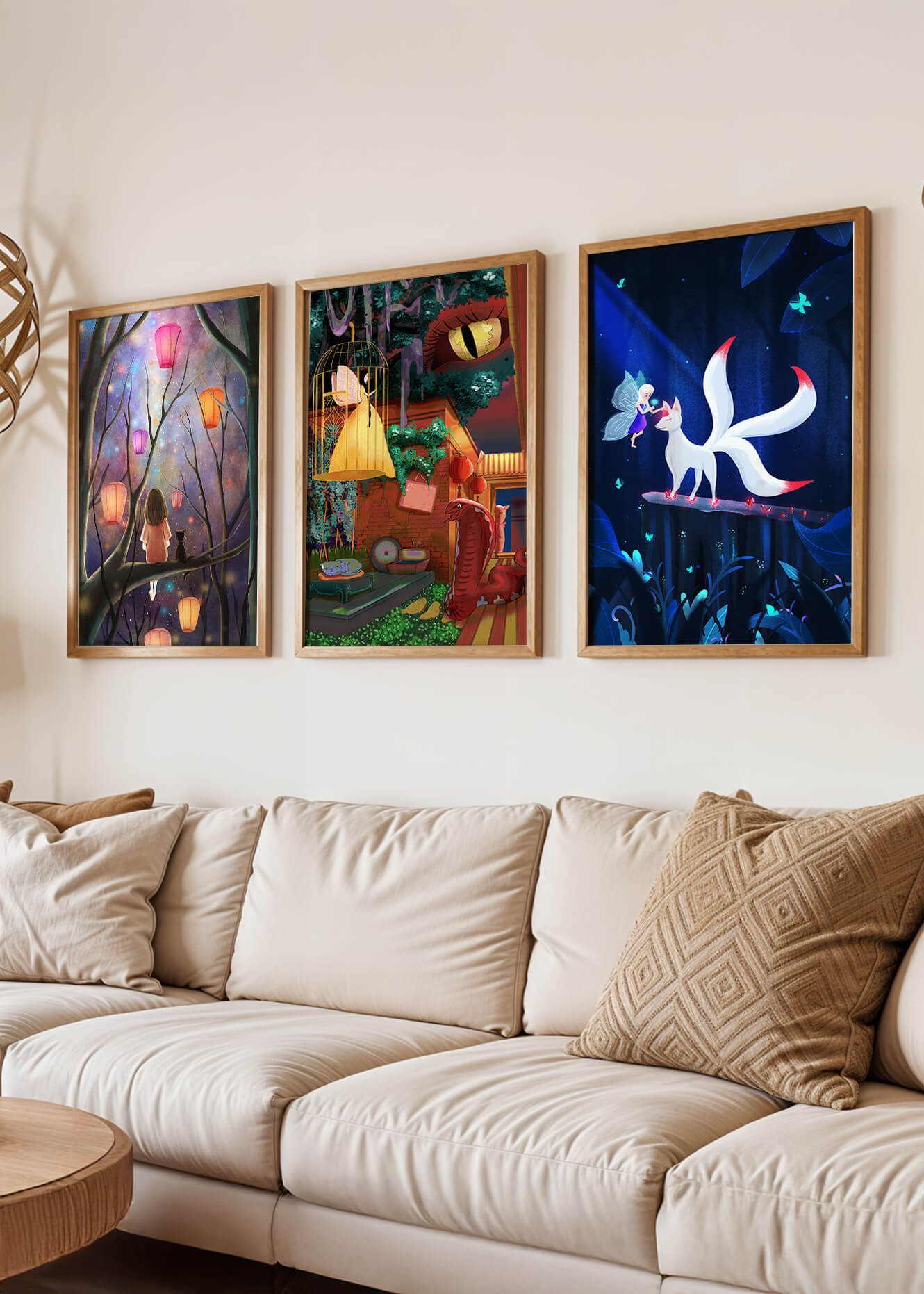 Triptyque d’art fantastique avec des illustrations colorées et oniriques