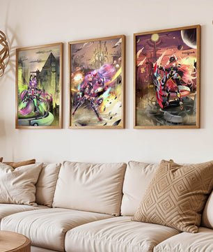 Trio d’illustrations futuristes dans des cadres de couleur claire