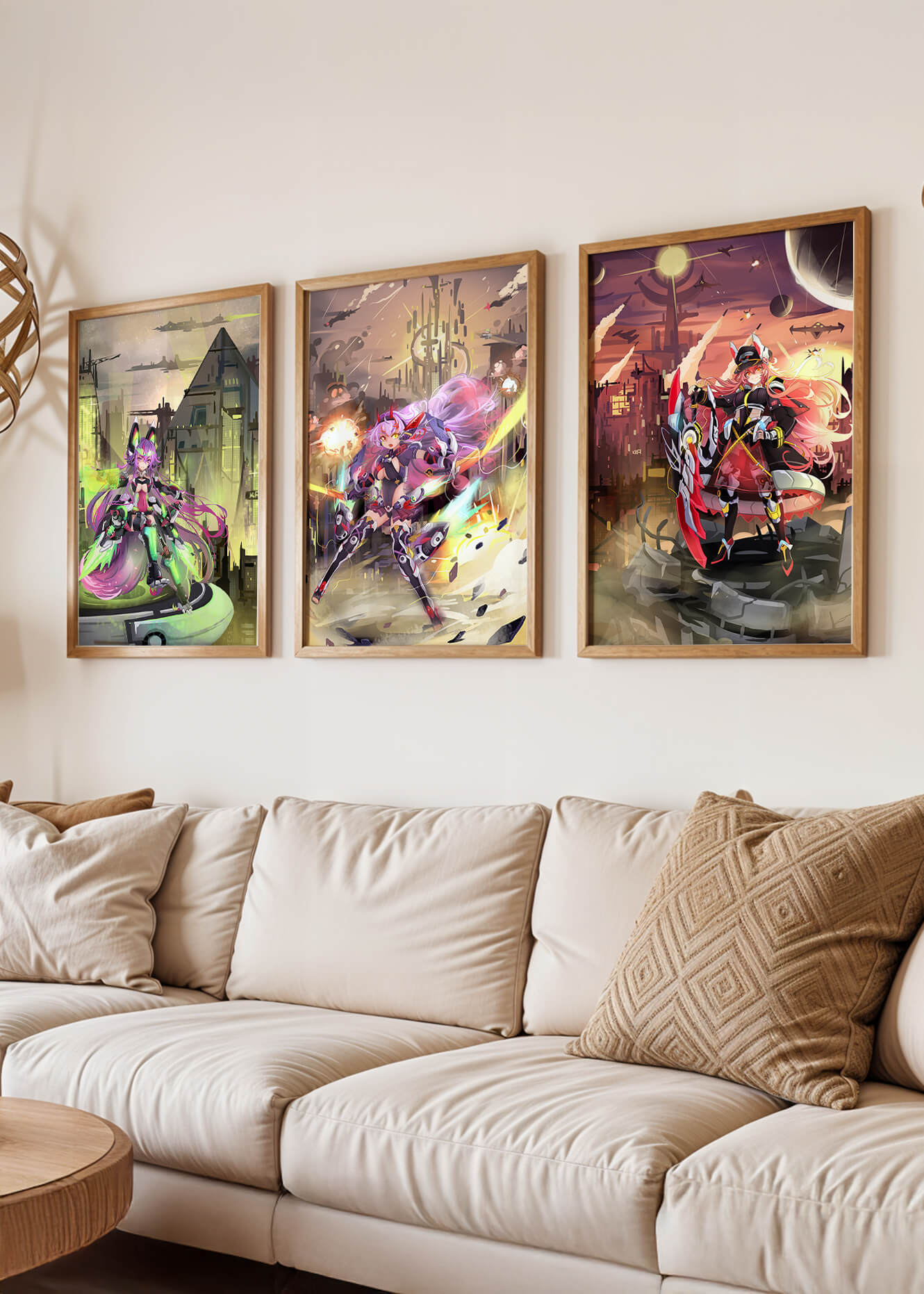 Trio d’illustrations futuristes dans des cadres de couleur claire