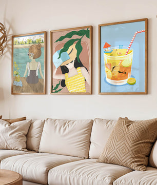 Conjunto De Tres Ilustraciones Modernas Con Temática De Playa En Marcos De Madera