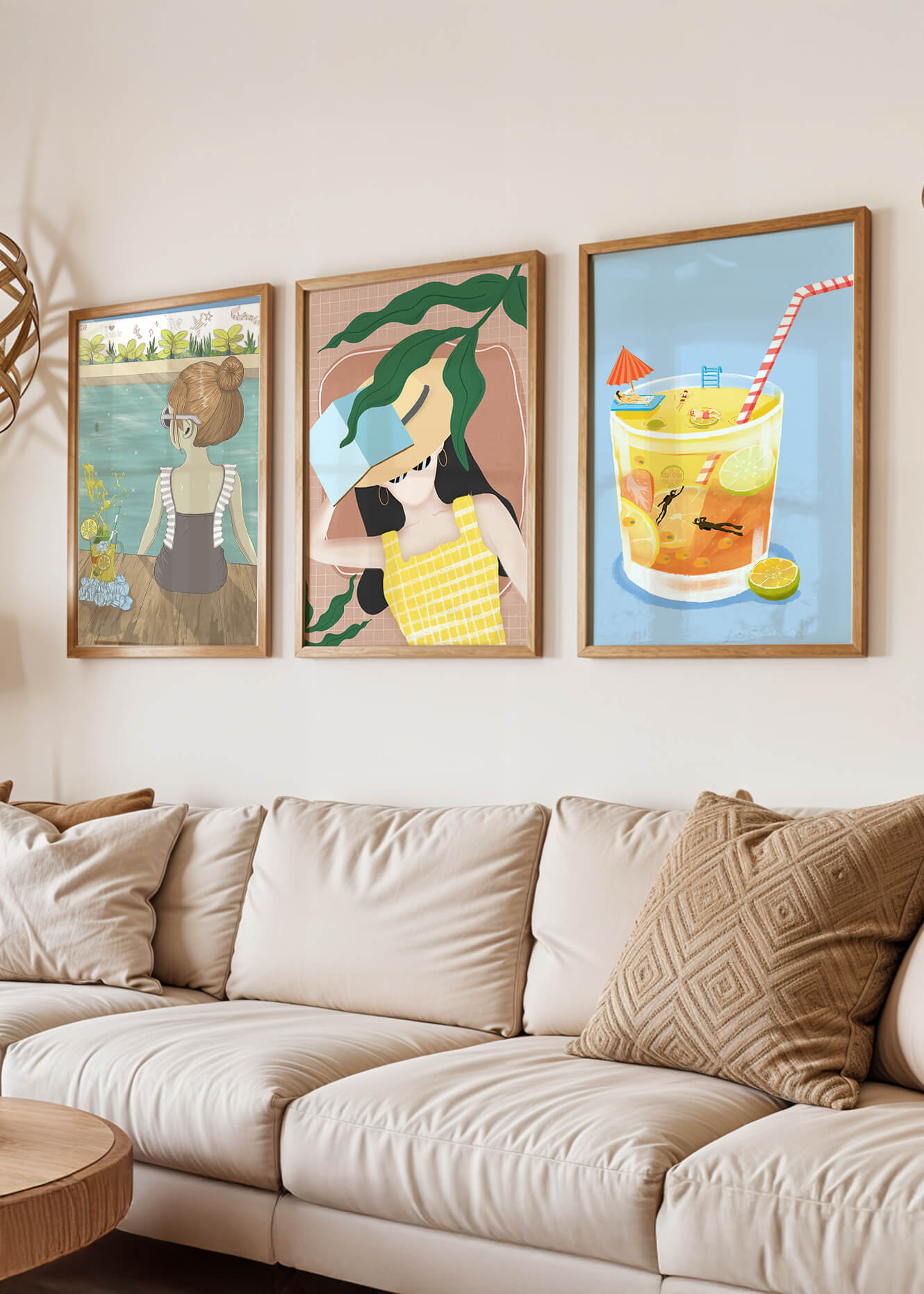Conjunto De Tres Ilustraciones Modernas Con Temática De Playa En Marcos De Madera