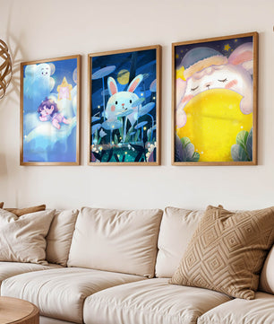 Illustrations de lapin et d'enfant dans un environnement nocturne