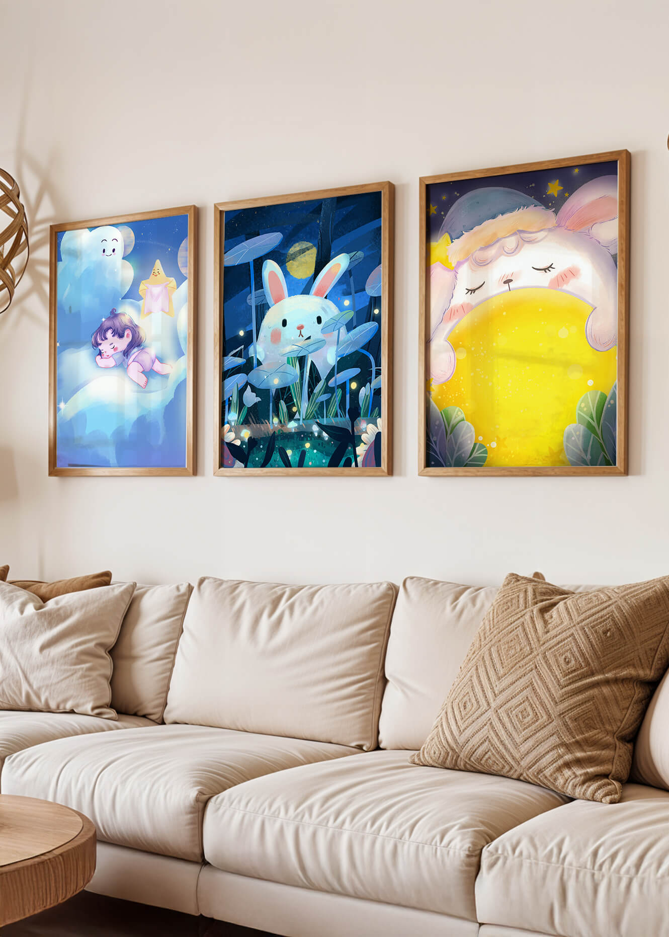 Illustrations de lapin et d'enfant dans un environnement nocturne