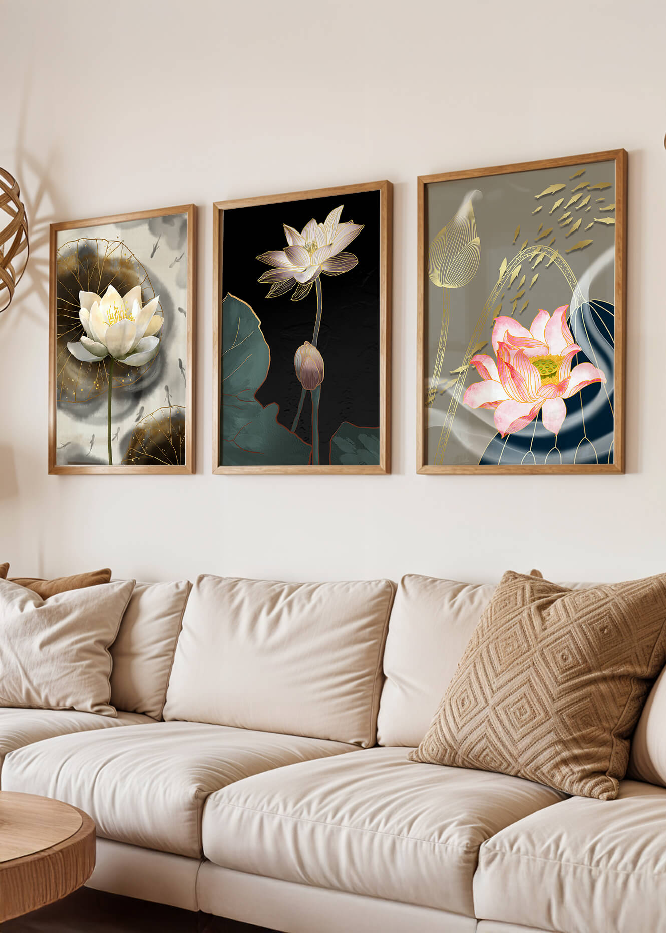 Impressions élégantes de fleurs de lotus avec finition dorée