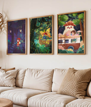 Triptyque d’illustrations fantastiques pour décoration enfantine