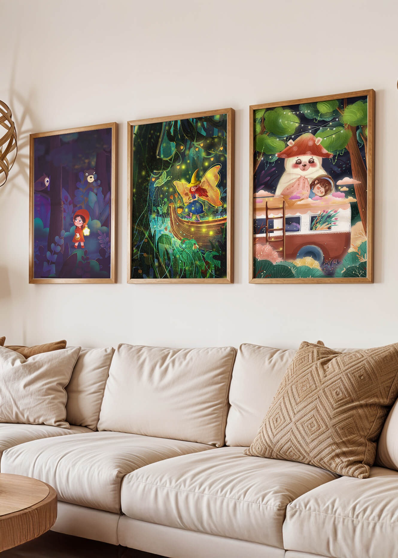 Triptyque d’illustrations fantastiques pour décoration enfantine