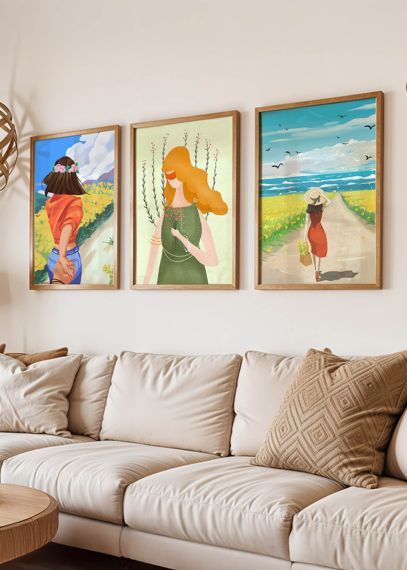 Ensemble de trois illustrations colorées dans des intérieurs modernes