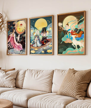 Peintures fantastiques avec lune pleine et personnages mythologiques