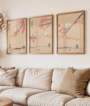Ensemble d'art oriental avec grues et fleurs de cerisier