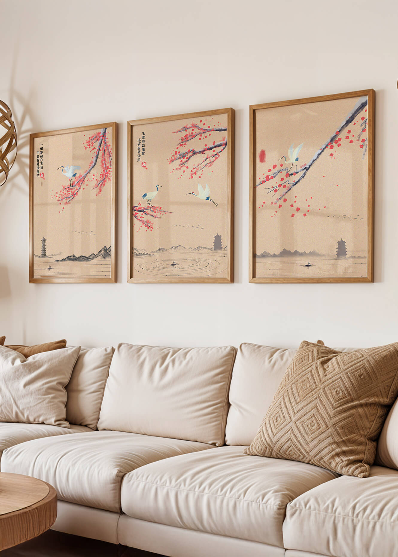 Conjunto De Arte Oriental Con Grullas Y Flores De Cerezo