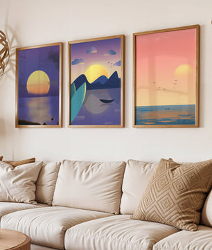 Minimale Sonnenuntergang-Landschaften in digitaler Kunst ohne Rahmen auf Holzboden