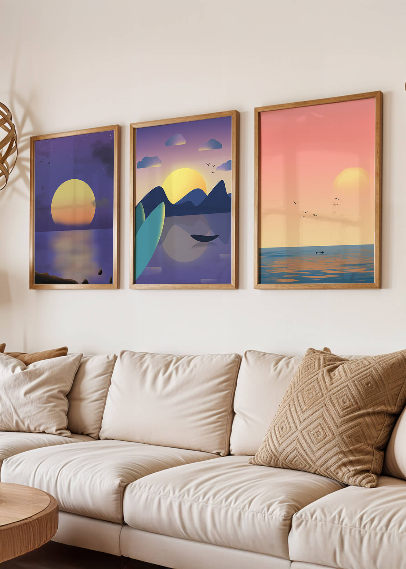 Minimale Sonnenuntergang-Landschaften in digitaler Kunst ohne Rahmen auf Holzboden