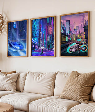 Ensemble d’impressions d’art futuriste avec des villes et des véhicules
