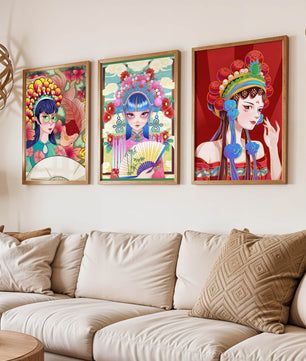 Bunte Postermotive im asiatischen Stil für modernes Interieur