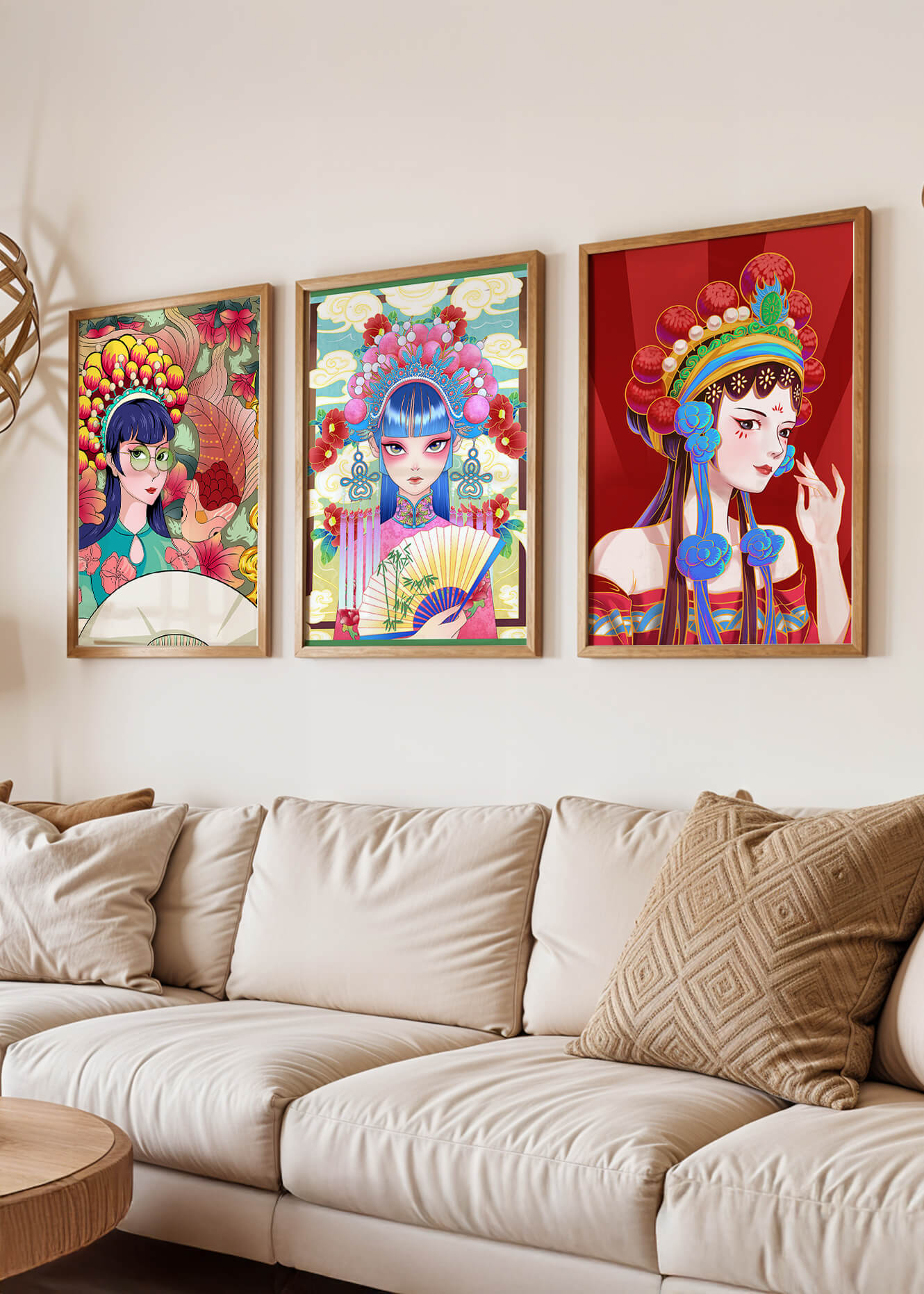 Bunte Postermotive im asiatischen Stil für modernes Interieur