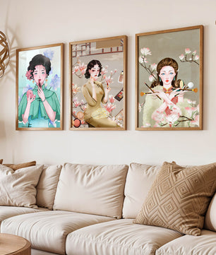 Conjunto De Impresiones Artísticas De Mujeres Estilo Retro Con Elementos Dorados
