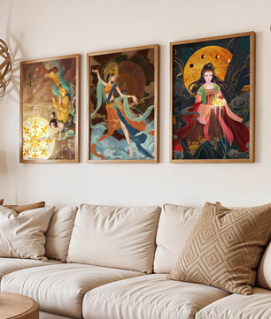 Impressions d'art asiatique avec figures féminines et éléments dorés