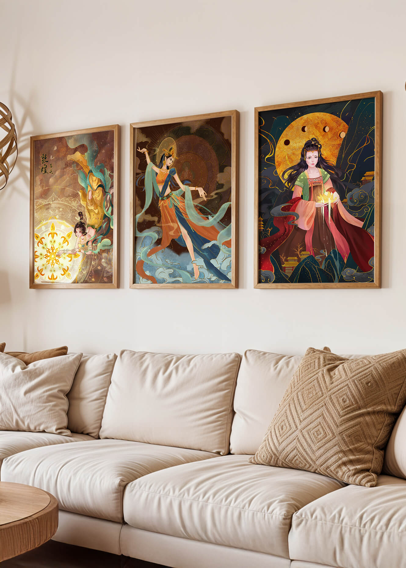 Impresiones de arte asiático con figuras femeninas y elementos dorados