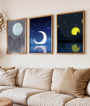 Paysages nocturnes avec lune et étoiles dans des cadres