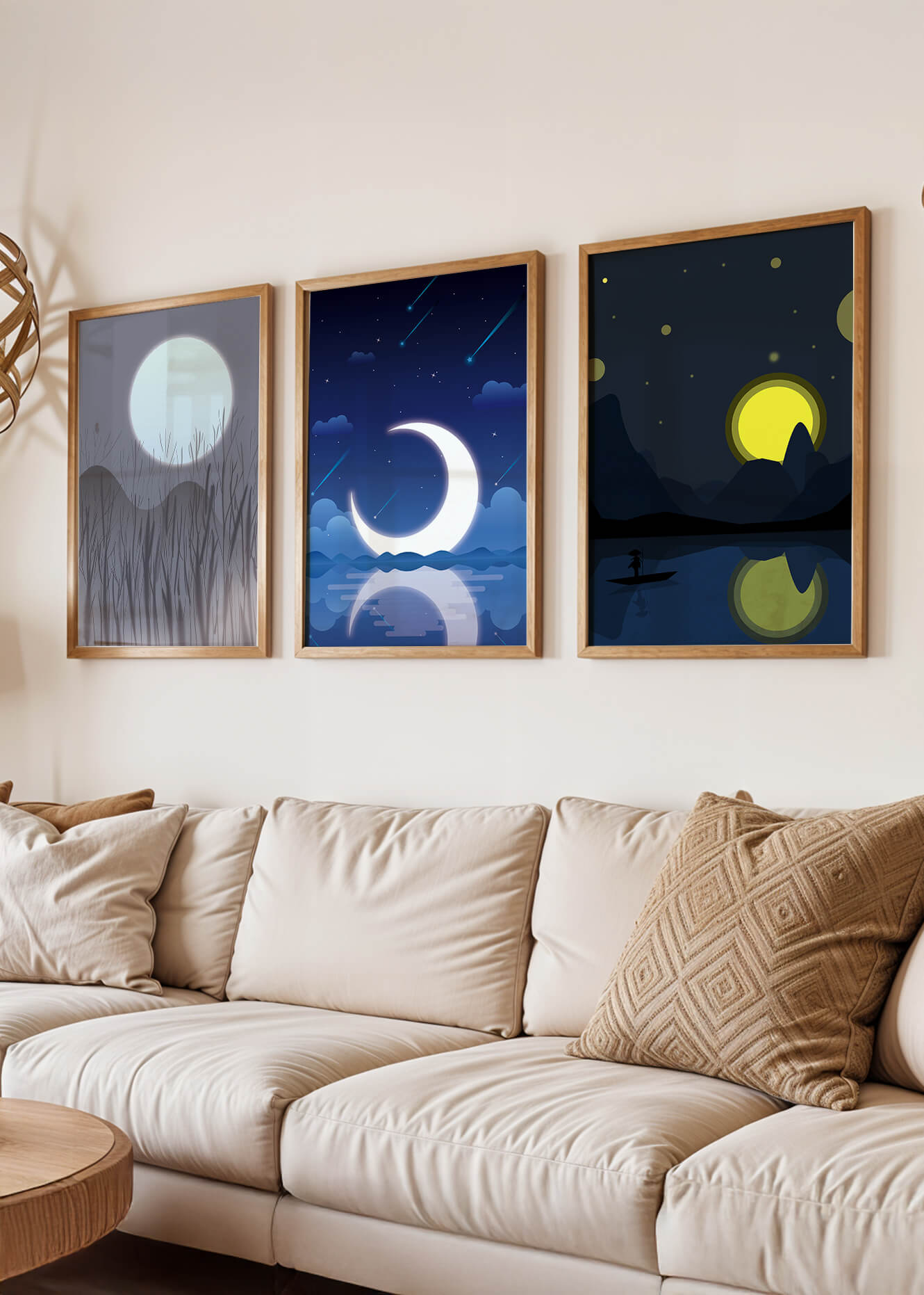 Paysages nocturnes avec lune et étoiles dans des cadres