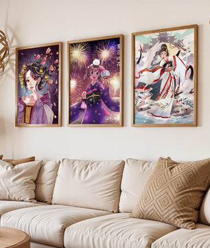 Triptyque d’art anime avec estampes de personnages en kimono