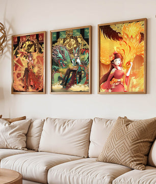 Triptyque d’art fantastique avec des figures mythiques dans des cadres dorés