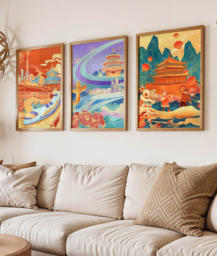 Affiches d’architecture asiatique avec trains et danses traditionnelles