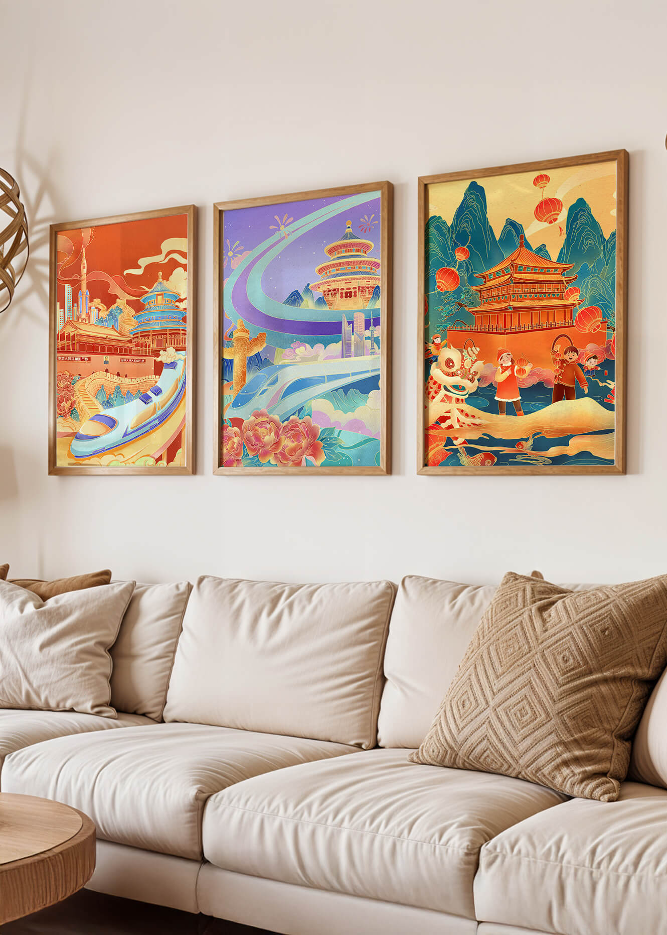 Posters de Arquitectura Asiática con Trenes y Danzas Tradicionales