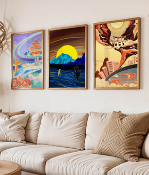 Set aus abstrakter Kunst mit Landschaften und modernem Design