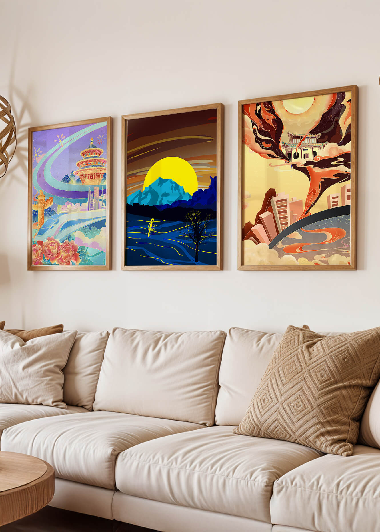 Set aus abstrakter Kunst mit Landschaften und modernem Design